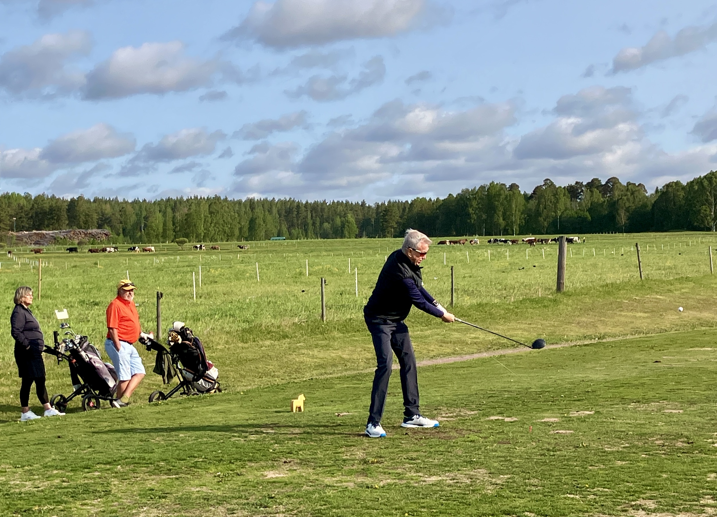 Sivert Stenman slår ut på hål 1 under överinseende av Kerstin Hed och Ulf Rory Haak.